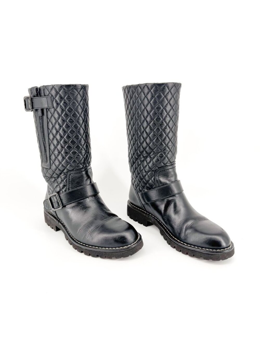 Chanel Quilted Moto Boots EU 37.5 US 6.5-7 Black Leather CC Biker Riding Calf